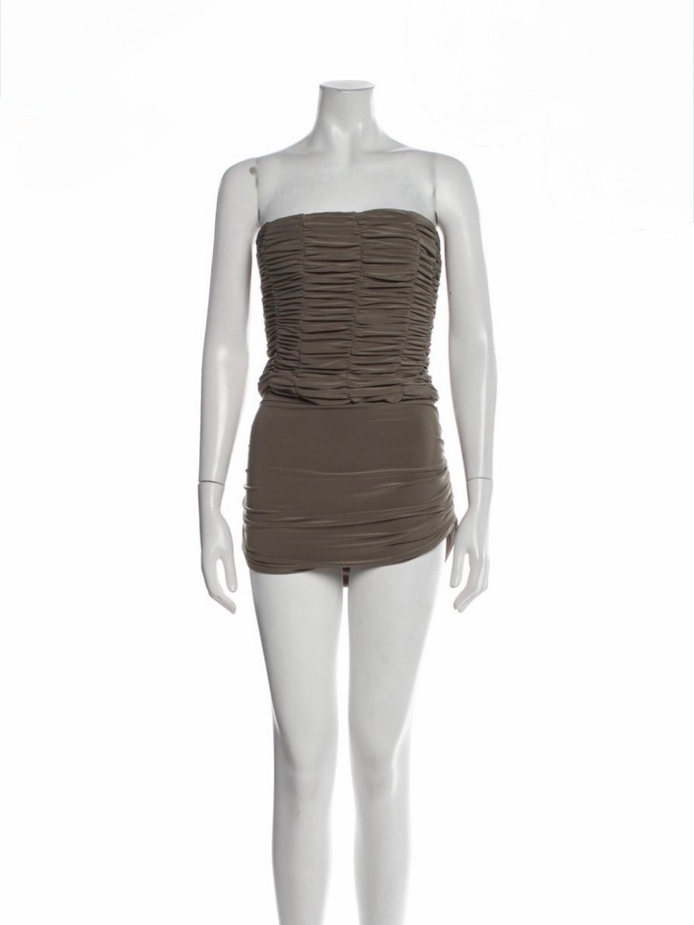 Tibi Ruched Strapless Tube Top and Mini Skirt in Taupe
